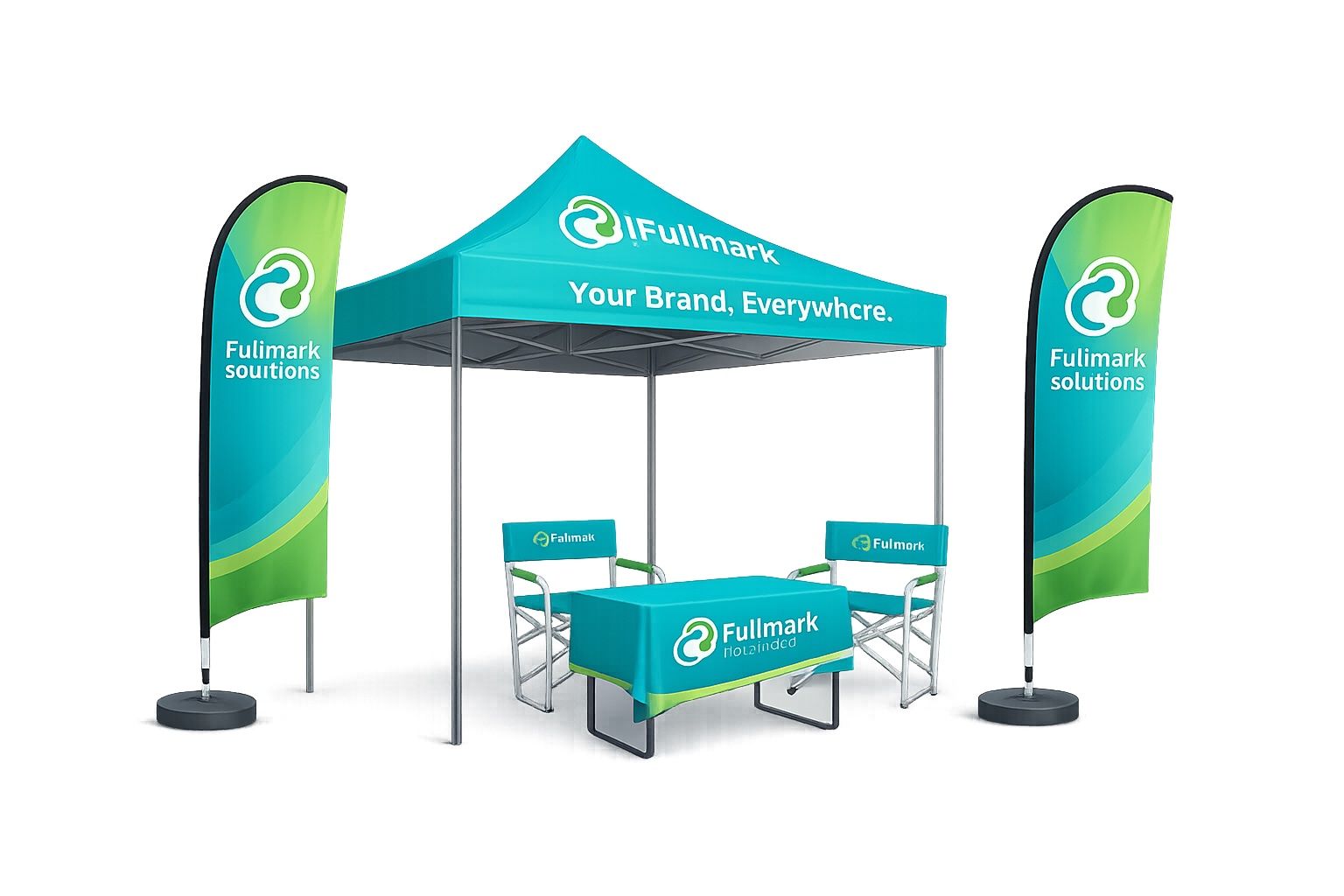 Branded exhibition tent, feather flags and event furniture