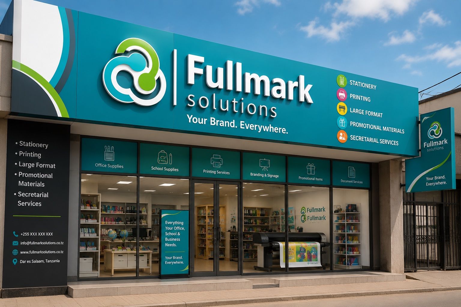 Fully branded Fullmark Solutions storefront with signage and window graphics